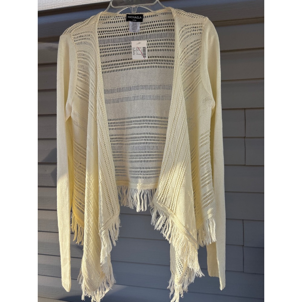 Michaela USA Cream Crochet Pointelle Fringe Waterfall Cardigan Sweater Small NWT